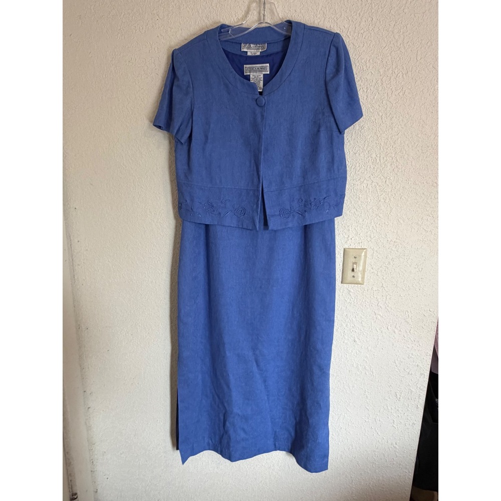 Jessica Howard Blue Linen Cotton 2pc Maxi Dress and Embroidered Jacket Set 10